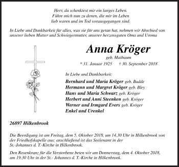 Traueranzeige von Anna Kröger von Neue Osnabrücker Zeitung GmbH & Co. KG