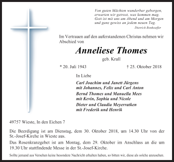 Traueranzeige von Anneliese Thomes von Neue Osnabrücker Zeitung GmbH & Co. KG