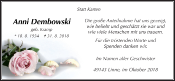 Traueranzeige von Anni Dembowski von Neue Osnabrücker Zeitung GmbH & Co. KG