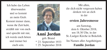 Traueranzeige von Anni Jordan von Neue Osnabrücker Zeitung GmbH & Co. KG