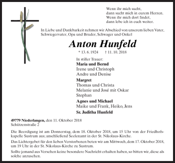 Traueranzeige von Anton Hunfeld von Neue Osnabrücker Zeitung GmbH & Co. KG