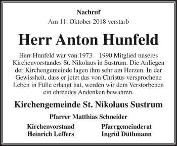 Traueranzeige von Anton Hunfeld von Neue Osnabrücker Zeitung GmbH & Co. KG