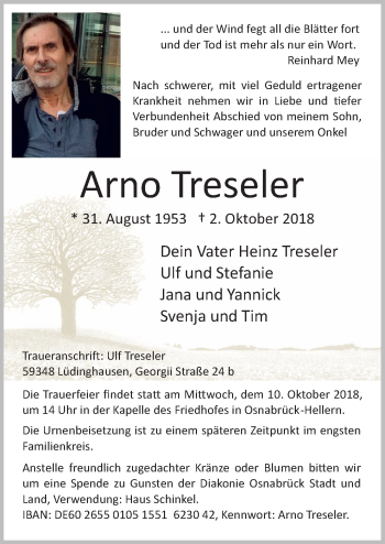 Traueranzeige von Arno Treseler von Neue Osnabrücker Zeitung GmbH & Co. KG