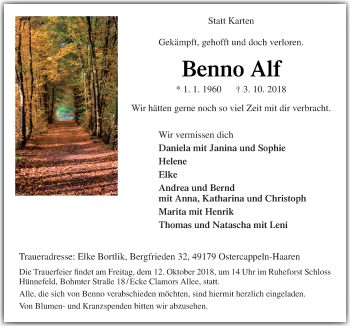 Traueranzeige von Benno Alf von Neue Osnabrücker Zeitung GmbH & Co. KG