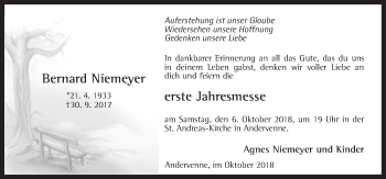 Traueranzeige von Bernard Niemeyer von Neue Osnabrücker Zeitung GmbH & Co. KG