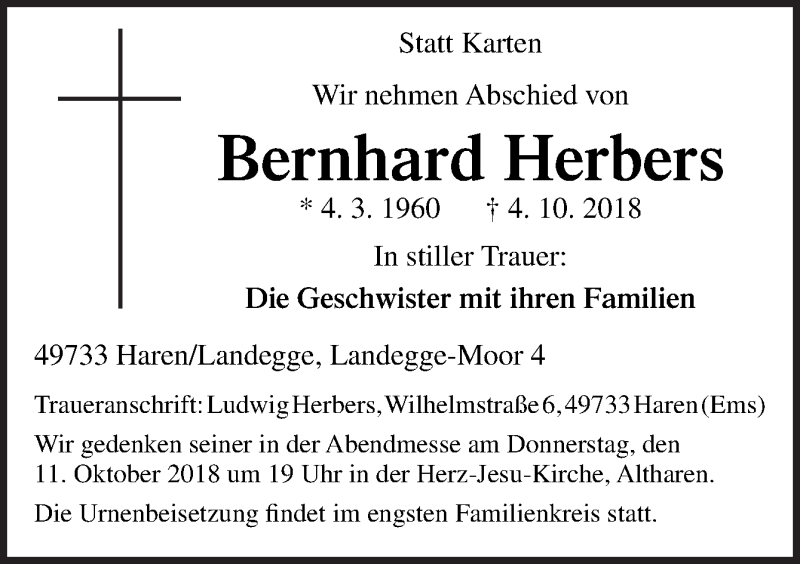  Traueranzeige für Bernhard Herbers vom 08.10.2018 aus Neue Osnabrücker Zeitung GmbH & Co. KG