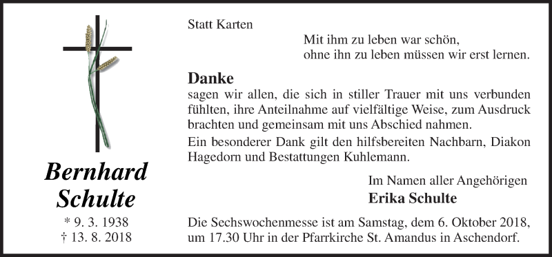  Traueranzeige für Bernhard Schulte vom 02.10.2018 aus Neue Osnabrücker Zeitung GmbH & Co. KG