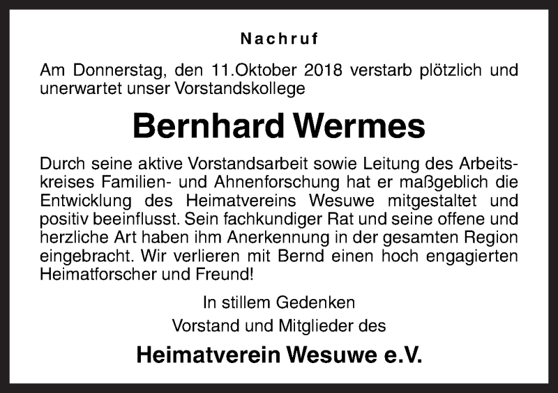  Traueranzeige für Bernhard Wermes vom 17.10.2018 aus Neue Osnabrücker Zeitung GmbH & Co. KG