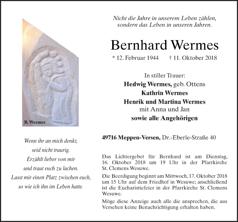  Traueranzeige für Bernhard Wermes vom 15.10.2018 aus Neue Osnabrücker Zeitung GmbH & Co. KG