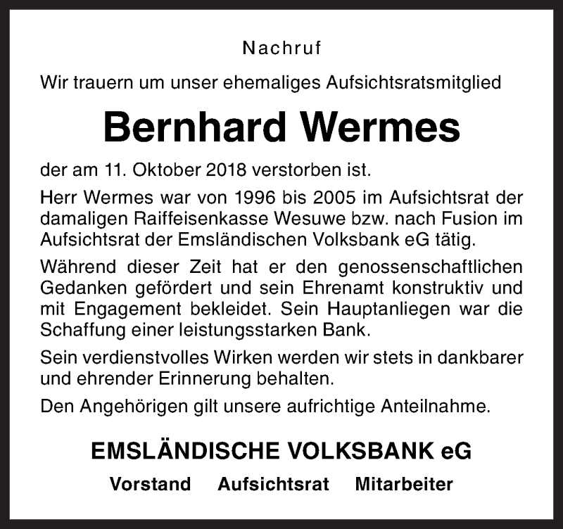  Traueranzeige für Bernhard Wermes vom 18.10.2018 aus Neue Osnabrücker Zeitung GmbH & Co. KG