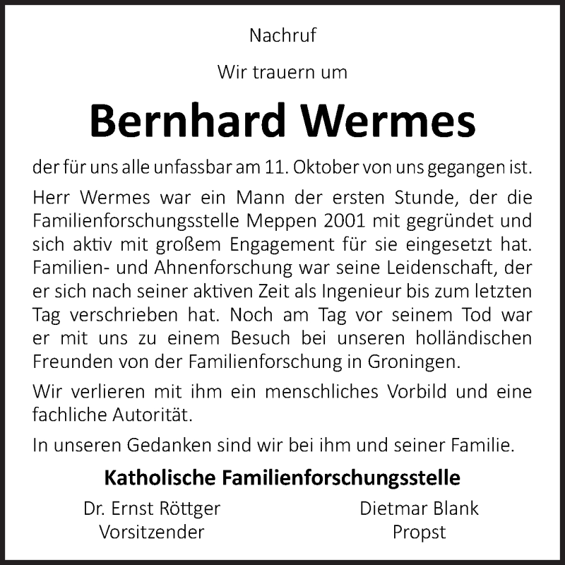  Traueranzeige für Bernhard Wermes vom 19.10.2018 aus Neue Osnabrücker Zeitung GmbH & Co. KG
