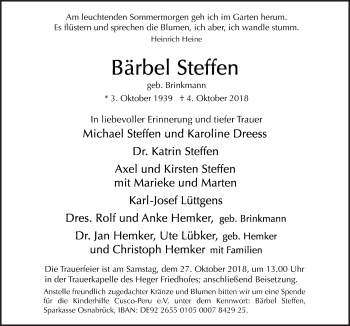 Traueranzeige von Bärbel Steffen von Neue Osnabrücker Zeitung GmbH & Co. KG