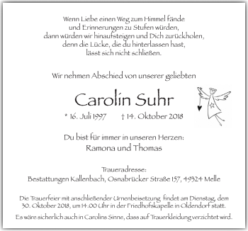 Traueranzeige von Carolin Suhr von Neue Osnabrücker Zeitung GmbH & Co. KG