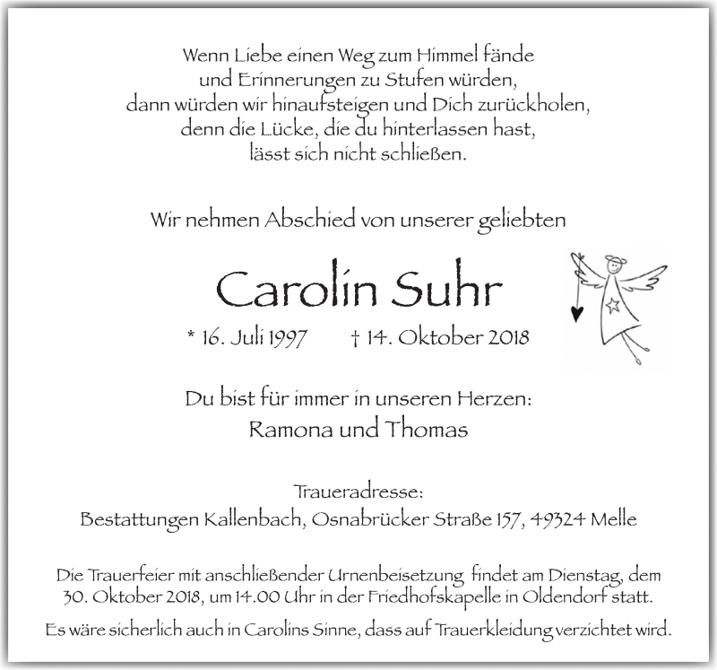  Traueranzeige für Carolin Suhr vom 26.10.2018 aus Neue Osnabrücker Zeitung GmbH & Co. KG