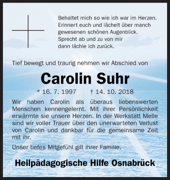 Traueranzeige von Carolin Suhr von Neue Osnabrücker Zeitung GmbH & Co. KG