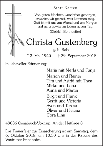 Traueranzeige von Christa Gustenberg von Neue Osnabrücker Zeitung GmbH & Co. KG