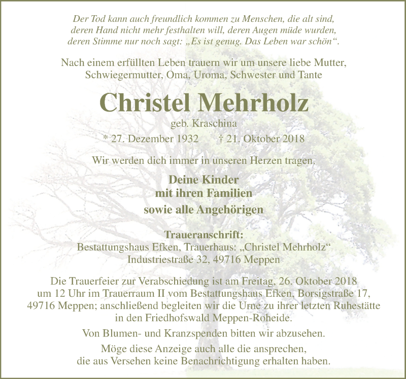  Traueranzeige für Christel Mehrholz vom 24.10.2018 aus Neue Osnabrücker Zeitung GmbH & Co. KG