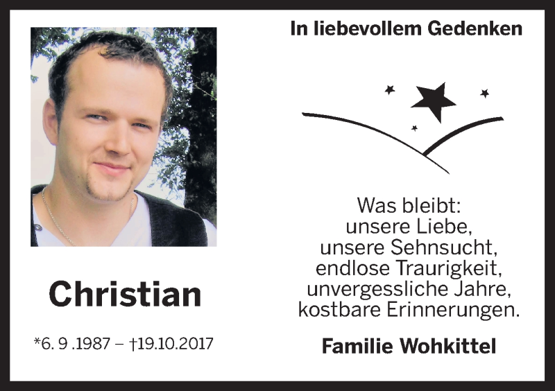  Traueranzeige für Christian Wohkittel vom 19.10.2018 aus Neue Osnabrücker Zeitung GmbH & Co. KG