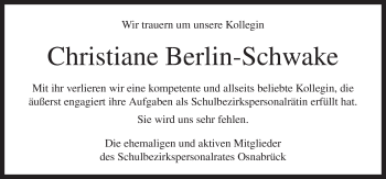 Traueranzeige von Christiane Berlin-Schwake von Neue Osnabrücker Zeitung GmbH & Co. KG