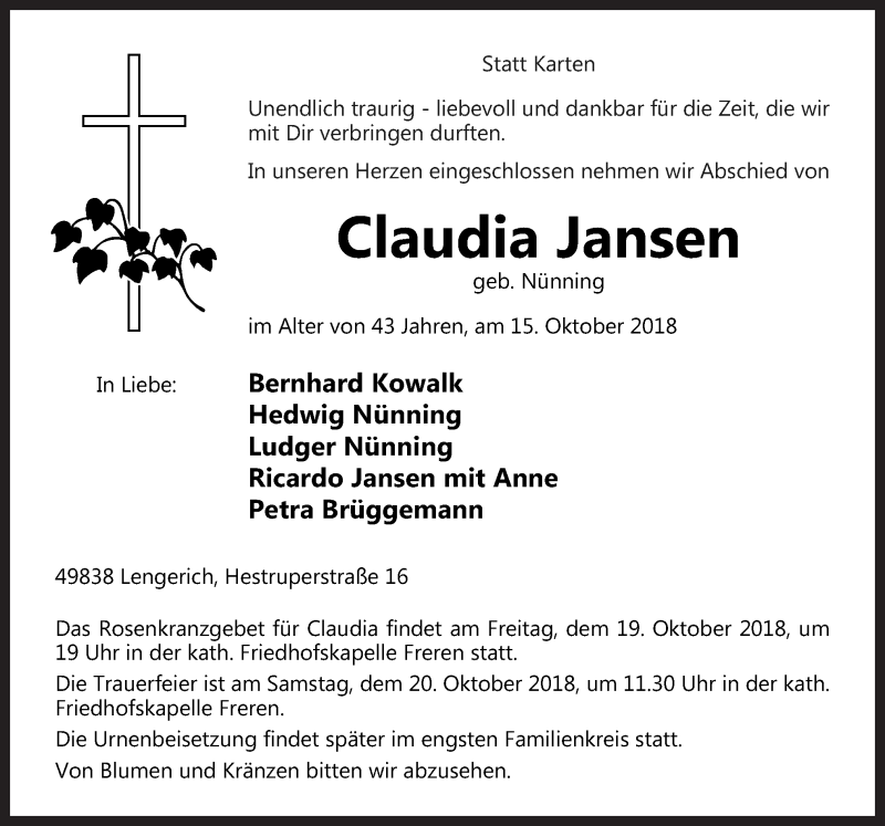  Traueranzeige für Claudia Jansen vom 18.10.2018 aus Neue Osnabrücker Zeitung GmbH & Co. KG