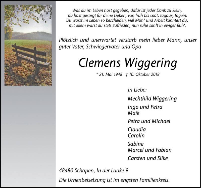  Traueranzeige für Clemens Wiggering vom 12.10.2018 aus Neue Osnabrücker Zeitung GmbH & Co. KG
