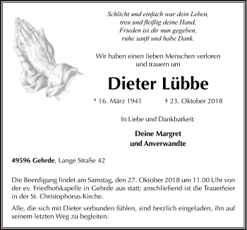 Traueranzeige von Dieter Lübbe von Neue Osnabrücker Zeitung GmbH & Co. KG