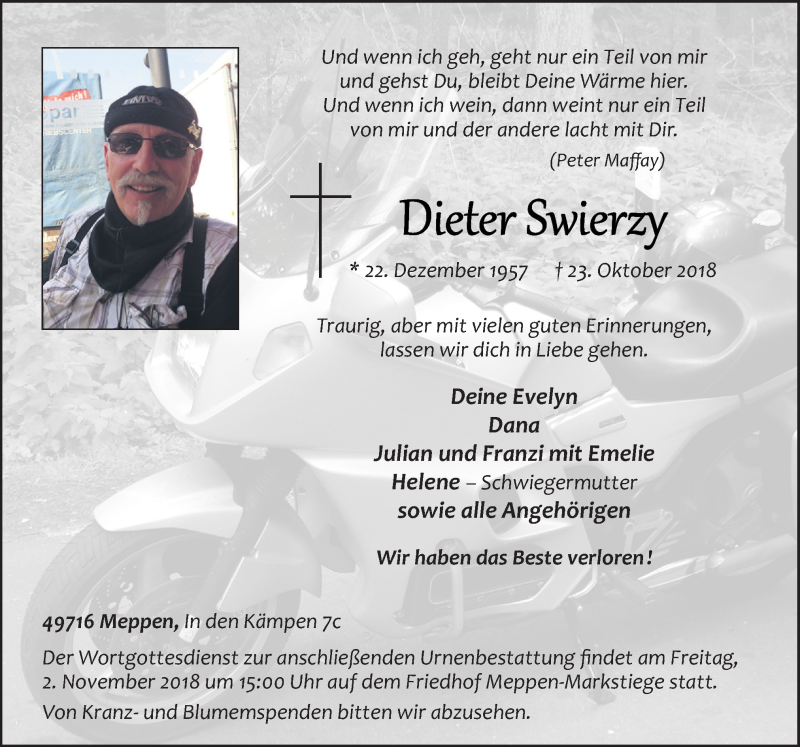  Traueranzeige für Dieter Swierzy vom 27.10.2018 aus Neue Osnabrücker Zeitung GmbH & Co. KG