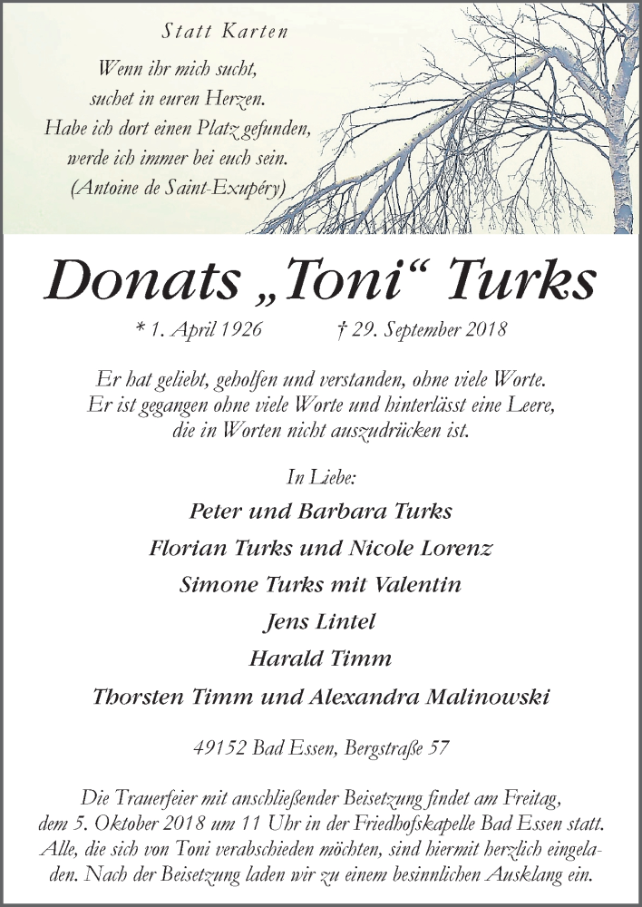  Traueranzeige für Donats Toni Turks vom 02.10.2018 aus Neue Osnabrücker Zeitung GmbH & Co. KG