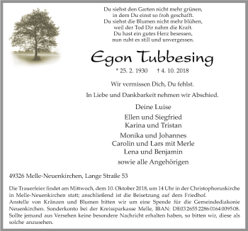 Traueranzeige von Egon Tubbesing von Neue Osnabrücker Zeitung GmbH & Co. KG