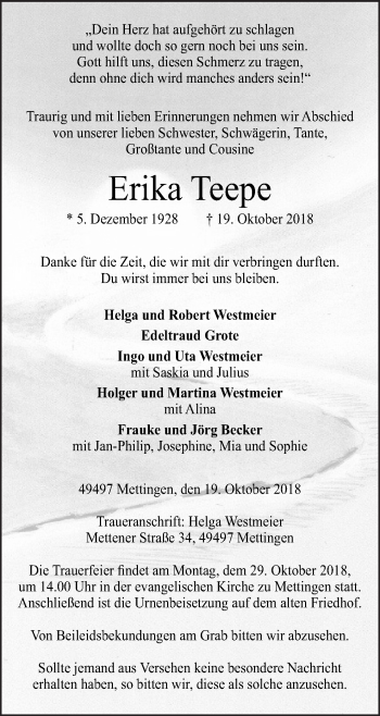 Traueranzeige von Erika Teepe von Neue Osnabrücker Zeitung GmbH & Co. KG