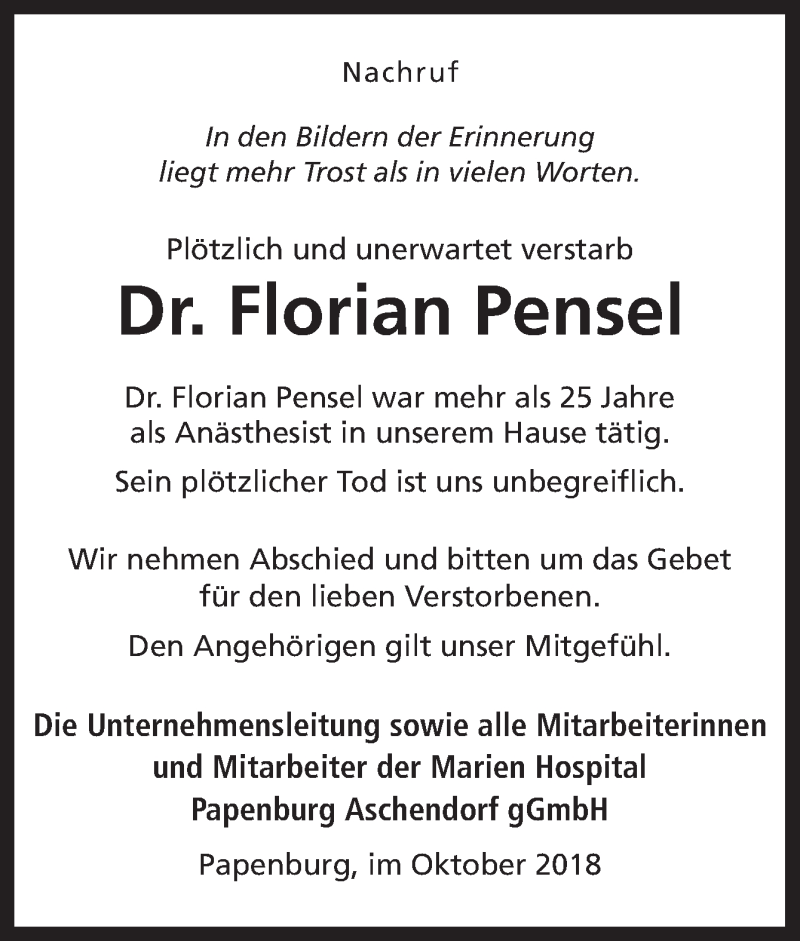  Traueranzeige für Florian Pensel vom 26.10.2018 aus Neue Osnabrücker Zeitung GmbH & Co. KG
