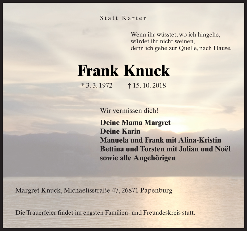  Traueranzeige für Frank Knuck vom 18.10.2018 aus Neue Osnabrücker Zeitung GmbH & Co. KG