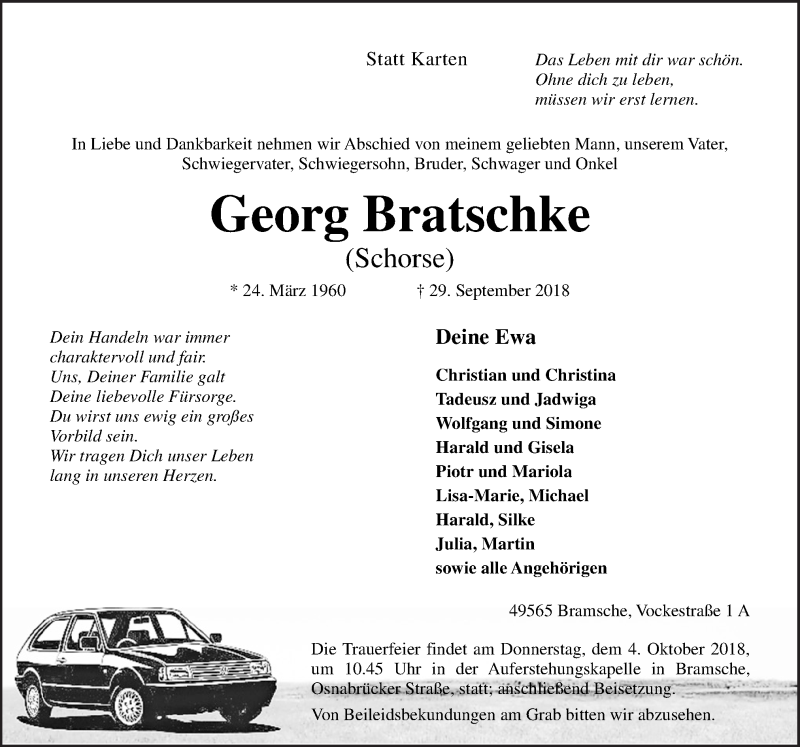 Traueranzeige für Georg Bratschke vom 02.10.2018 aus Neue Osnabrücker Zeitung GmbH & Co. KG