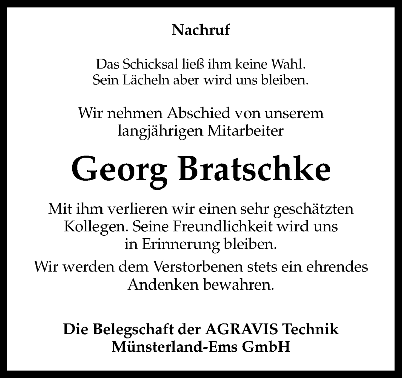  Traueranzeige für Georg Bratschke vom 04.10.2018 aus Neue Osnabrücker Zeitung GmbH & Co. KG