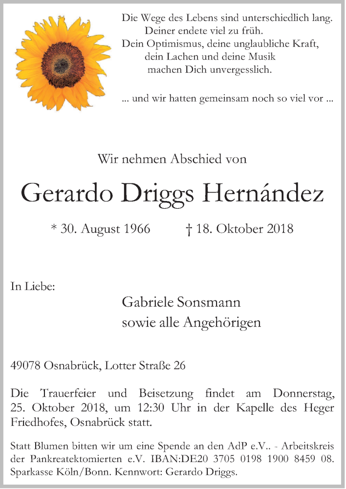  Traueranzeige für Gerardo Driggs Hernández vom 24.10.2018 aus Neue Osnabrücker Zeitung GmbH & Co. KG