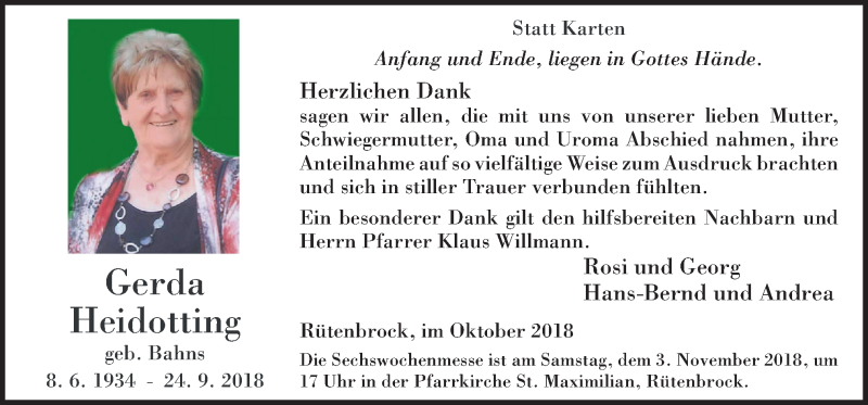  Traueranzeige für Gerda Heidotting vom 30.10.2018 aus Neue Osnabrücker Zeitung GmbH & Co. KG