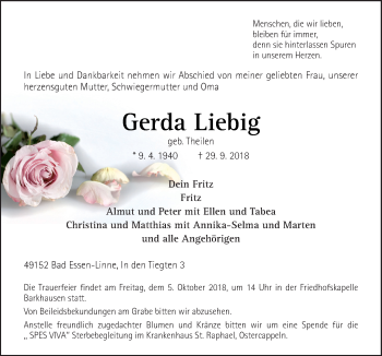 Traueranzeige von Gerda Liebig von Neue Osnabrücker Zeitung GmbH & Co. KG