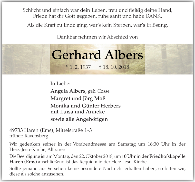  Traueranzeige für Gerhard Albers vom 20.10.2018 aus Neue Osnabrücker Zeitung GmbH & Co. KG