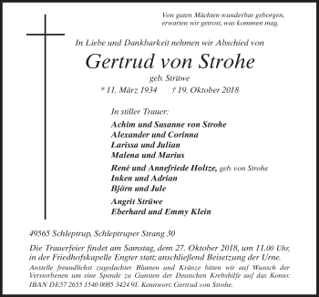 Traueranzeige von Gertrud von Strohe von Neue Osnabrücker Zeitung GmbH & Co. KG