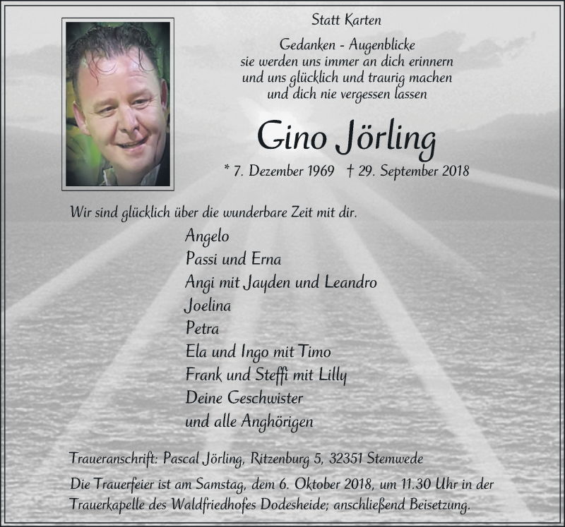  Traueranzeige für Gino Jörling vom 04.10.2018 aus Neue Osnabrücker Zeitung GmbH & Co. KG