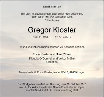 Traueranzeige von Gregor Kloster von Neue Osnabrücker Zeitung GmbH & Co. KG