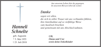 Traueranzeige von Hanneli Schnelte von Neue Osnabrücker Zeitung GmbH & Co. KG