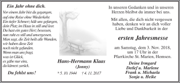 Traueranzeige von Hans-Hermann Klaas von Neue Osnabrücker Zeitung GmbH & Co. KG