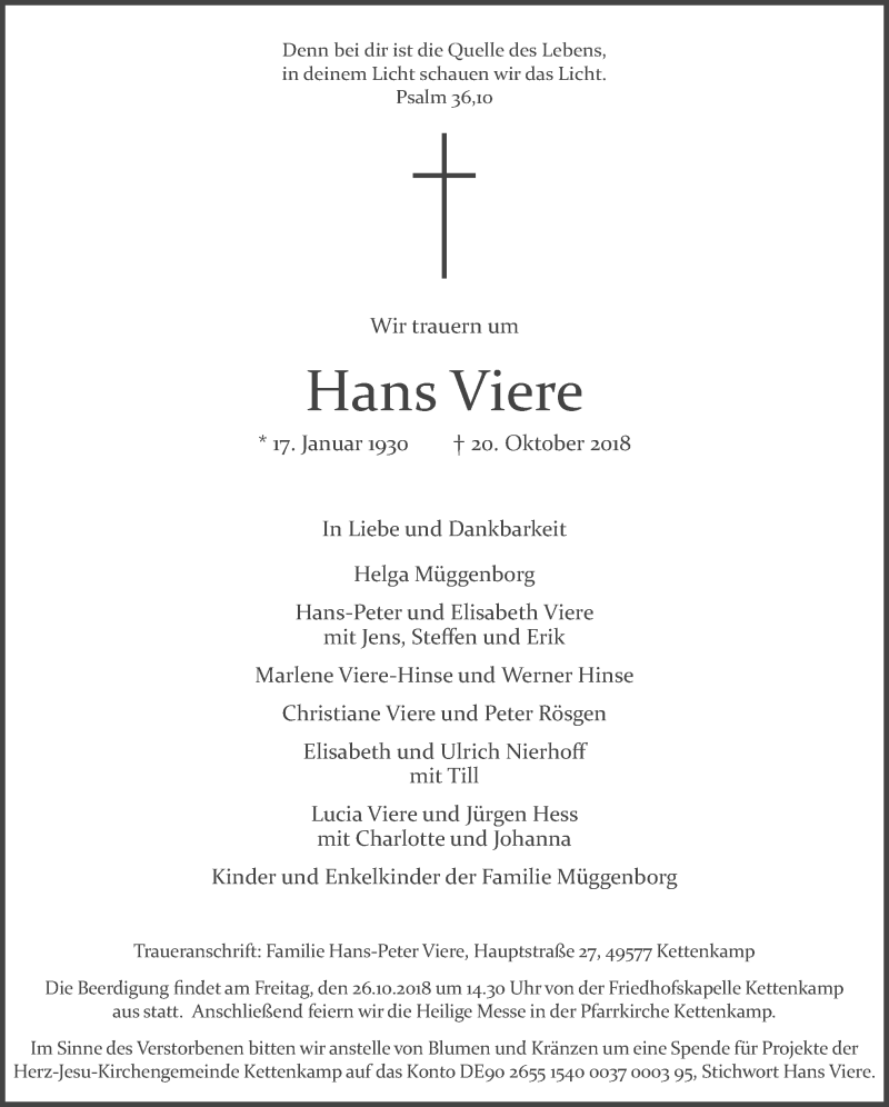  Traueranzeige für Hans Viere vom 23.10.2018 aus Neue Osnabrücker Zeitung GmbH & Co. KG