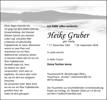 Traueranzeige von Heike Gruber von Neue Osnabrücker Zeitung GmbH & Co. KG