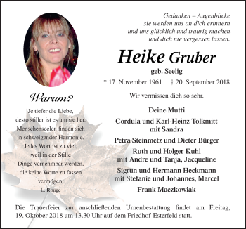 Traueranzeige von Heike Gruber von Neue Osnabrücker Zeitung GmbH & Co. KG