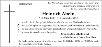 Traueranzeige von Heinrich Abeln von Neue Osnabrücker Zeitung GmbH & Co. KG