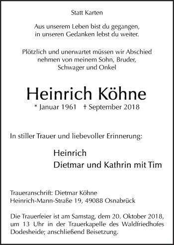Traueranzeige von Heinrich Köhne von Neue Osnabrücker Zeitung GmbH & Co. KG