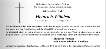 Traueranzeige von Heinrich Wübben von Neue Osnabrücker Zeitung GmbH & Co. KG