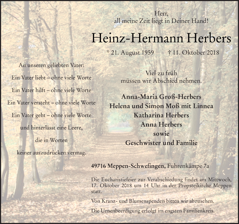  Traueranzeige für Heinz-Hermann Herbers vom 15.10.2018 aus Neue Osnabrücker Zeitung GmbH & Co. KG